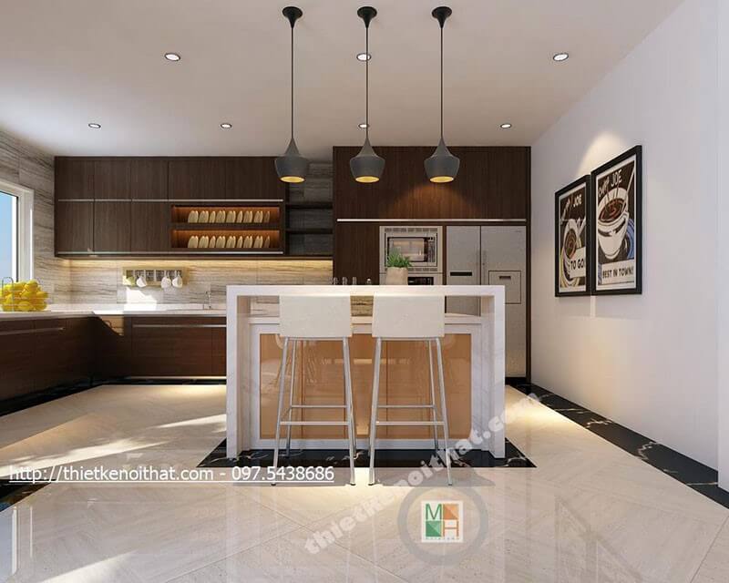 Mẫu tủ bếp gỗ công nghiệp màu nâu với thiết kế dài chữ L cho phòng bếp mang đến sự tiện nghi cho người nội trợ Thiết kế nội thất phòng bếp