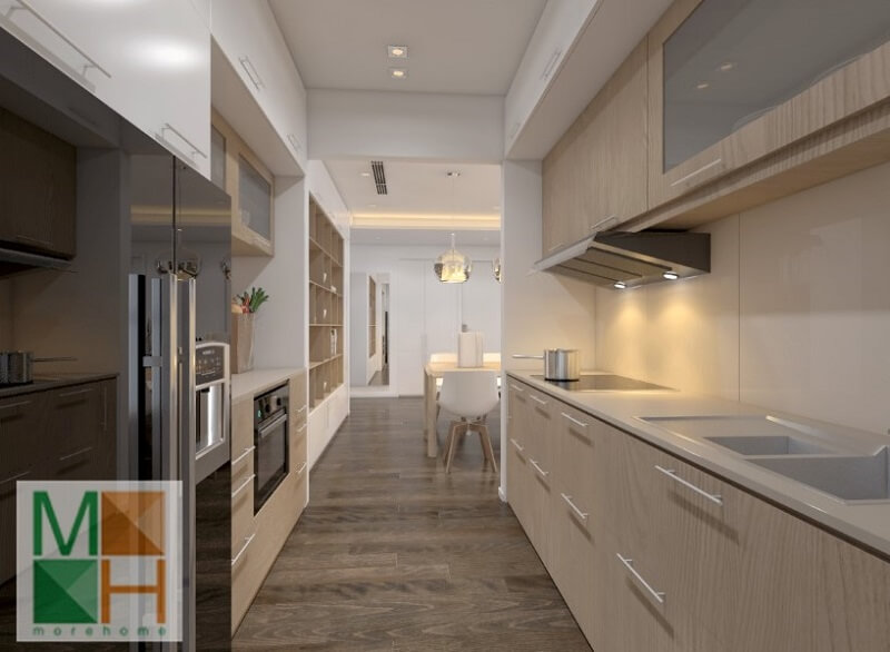 Mẫu thiết kế hệ tủ bếp gỗ đẹp sử dụng gỗ công nghiệp An Cường cao cấp màu sáng mang đến vẻ đẹp cho phòng bếp Thiết kế tủ bếp chung cư đẹp