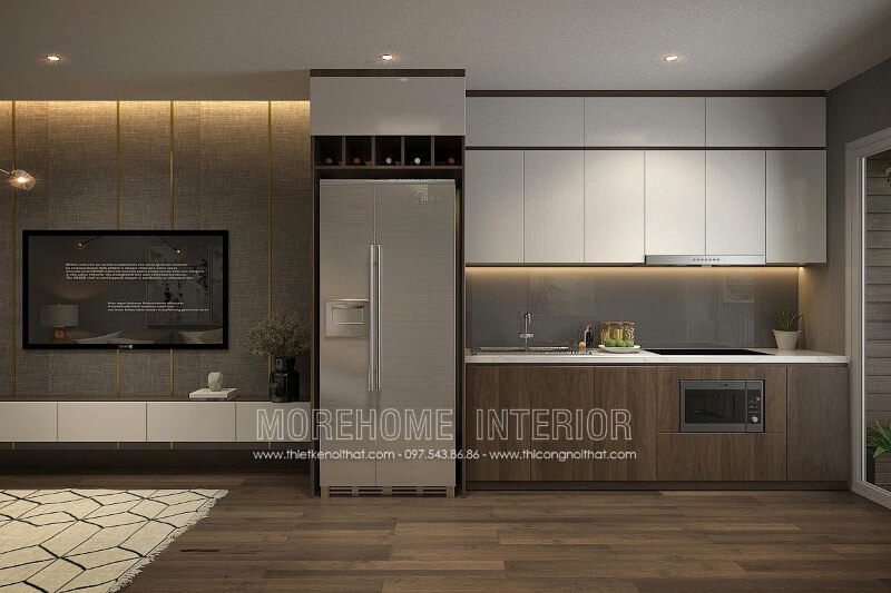 Thiết kế 3D mẫu tủ bếp chung cư bằng gỗ công nghiệp acrylic bóng gương màu trắng kết hợp gỗ Veneer màu vân gỗ đầy ấn tượng Thiết kế tủ bếp chung cư đẹp