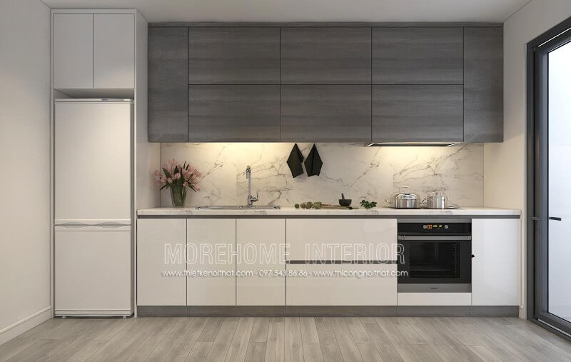 Mẫu thiết kế tủ bếp cho căn hộ chung cư kiểu dáng chữ i nhỏ gọn kết hợp chất liệu công nghiệp chủ đạo tạo không gian thoáng đãng hơn Thiết kế tủ bếp chung cư đẹp