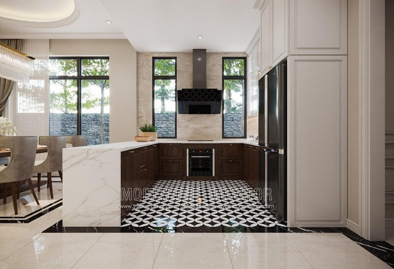 Đá nhân tạo vân mây cao cấp xu hướng trang trí để tạo nên không gian bếp đẹp, bền. Mẫu nội thất biệt thự đẹp