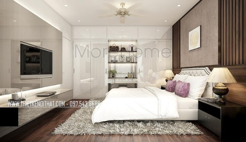 Thiết kế nội thất phòng ngủ master đẹp, sang trọng ấn tượng với tủ quần áo hiện đại, giường bọc nệm đương đại kết hợp cùng gỗ ốp tường gỗ óc chó cao cấp. Mẫu nội thất biệt thự đẹp