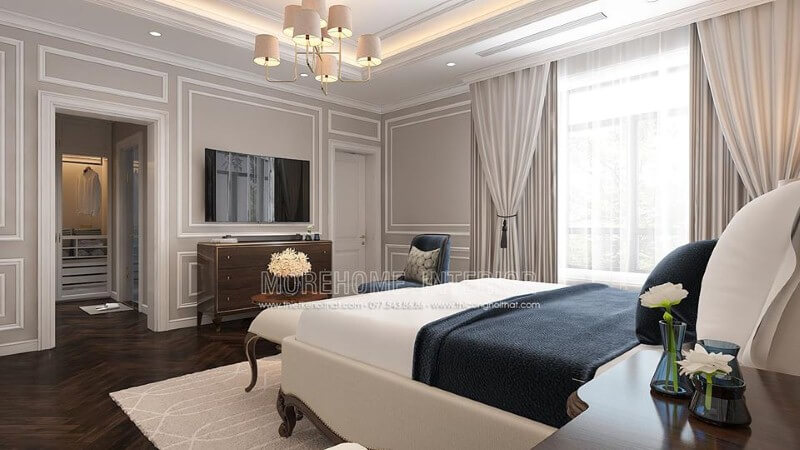 Sắp xếp nội thất phòng ngủ vợ chồng tân cổ điển sử dụng tone trắng chủ đạo sẽ là lựa chọn ấn tượng cho chủ nhà mệnh Kim. thiết kế nội thất chung cư