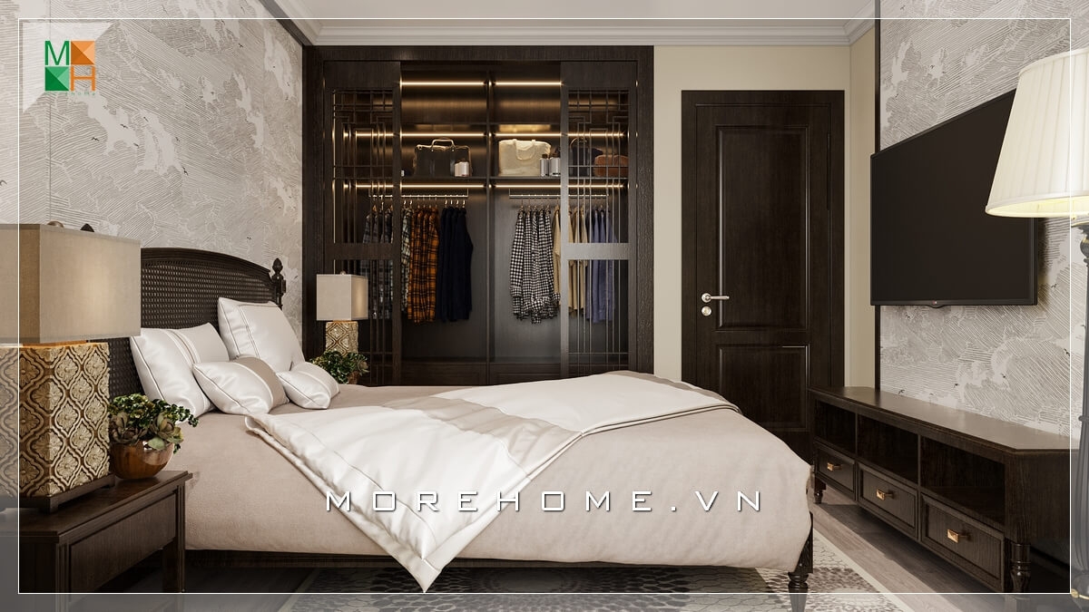 Nội thất phòng ngủ Master chung cư cao cấp với chất liệu gỗ tự nhiên màu trầm sang trọng đáp ứng được nhu cầu sinh hoạt và nghỉ ngơi cho gia chủ thiết kế nội thất chung cư