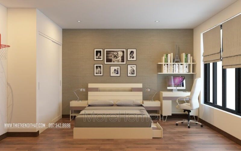 Mẫu bàn làm việc gỗ công nghiệp được thiết kế ngay trong khu vực phòng ngủ giúp cho gia chủ có một không gian làm việc và nghỉ nơi thoải mái nhất