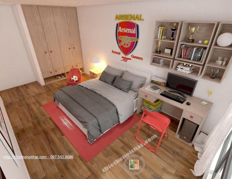 Bàn làm việc hiện đại được thiết kế liền kề với giường ngủ, gia chủ có thể làm việc và nghỉ ngơi thoải mái, nhanh chóng hơn