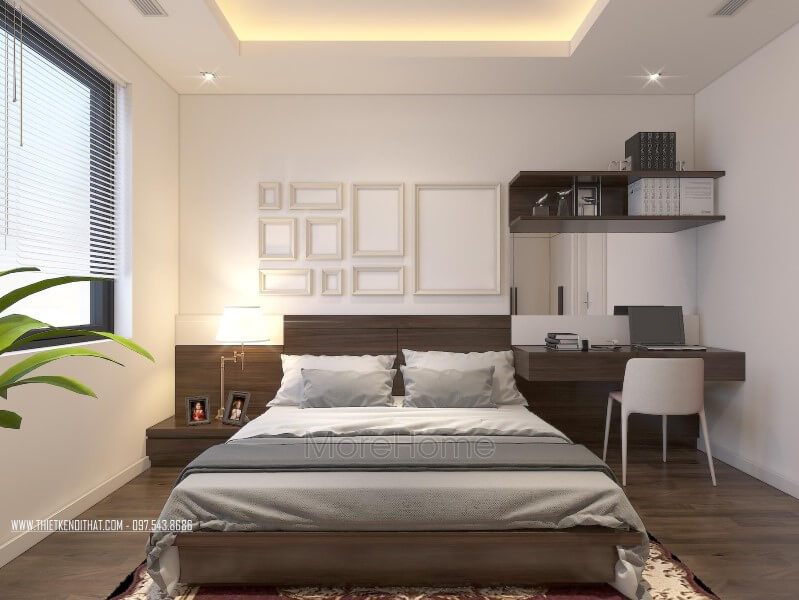 Mẫu bàn làm việc kèm giá sách gỗ công nghiệp hiện đại cho phòng ngủ thêm tiện nghi và tinh tế