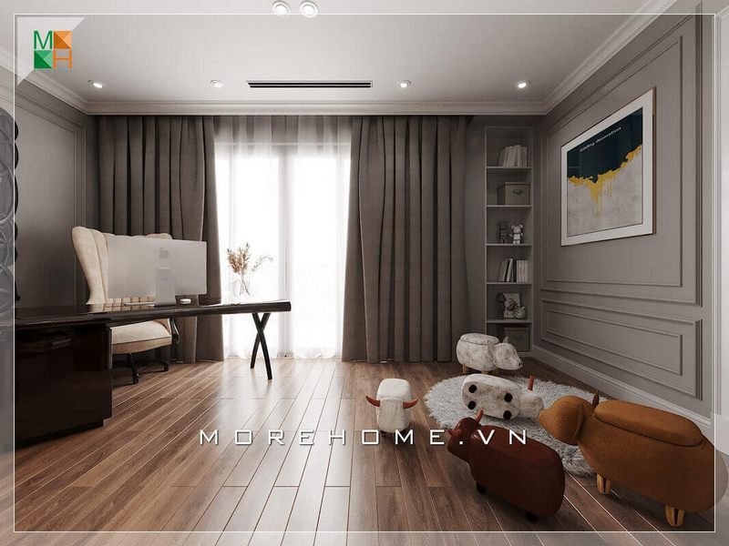 Bàn làm việc bằng gỗ hiện đại, ấn tượng với cách bày trí những chiếc ghế sofa bọc nỉ hình thú xinh xinh, khiến không gian căn phòng làm việc không quá căng thẳng.