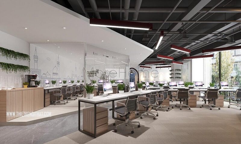 Thiết kế văn phòng với các bộ phân được phân bố không gian làm việc riêng nhưng vẫn gắn kết với nhau trong một tổng thể qua vách kính cường lực