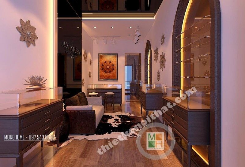 Mẫu thiết kế nội thất showroom đá phong thủy cao cấp với điểm nhấn là khu trưng bày đá ấn tượng : tường vòm kết hợp tủ kính gỗ trưng bày ốp tường độc đáo