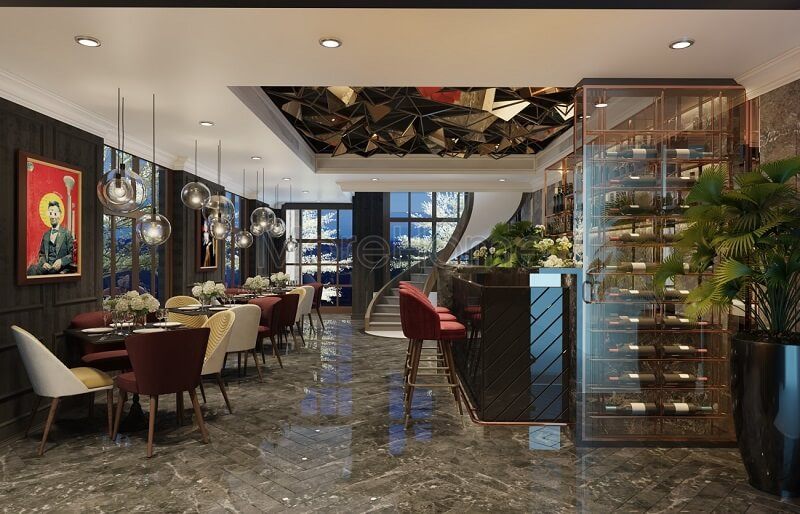 Mẫu thiết kế nhà hàng sang trọng khách sạn 5 sao theo phong cách tân điển Châu Âu với tông màu đỏ trắng chủ đạo