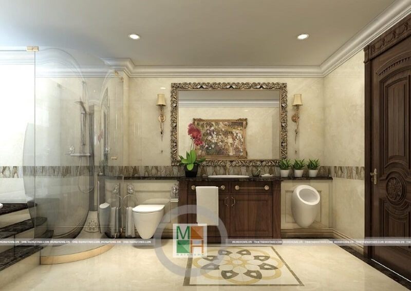 Mẫu thiết kế phòng tắm chung cư cao cấp với đồ nội thất trang trí bắt mắt kết hợp thiết bị vệ sinh cùng vách tắm kính cao cấp.
