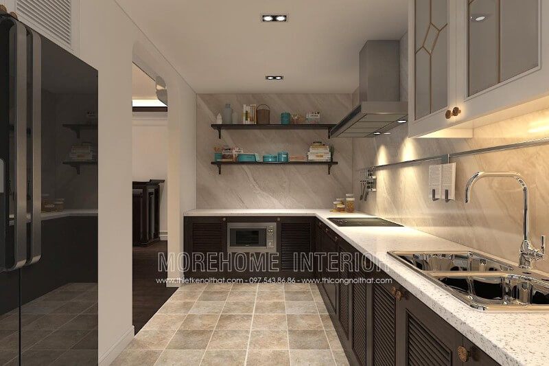 Mẫu tủ bếp gỗ tần bì nhập khẩu phun sơn màu nâu cao cấp mang lại sự sang trọng cho cả không gian