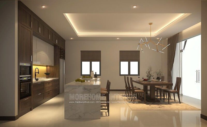 Thiết kế tủ bếp gỗ óc chó kết hợp Acrylic với gam màu lạ mắt là sự lựa chọn lý tưởng cho các không gian nhà bếp mà vẫn toát lên vẻ sang trọng, đẳng cấp