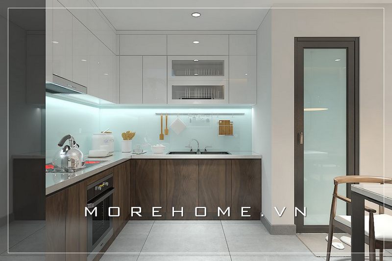 Mẫu tủ bếp gỗ công nghiệp cữ L hiện đại, tone màu nâu của gỗ tạo nên không gian ấm cúng, thiết bị bếp đầu đủ tạo không gian tiện nghi cho người nội trợ