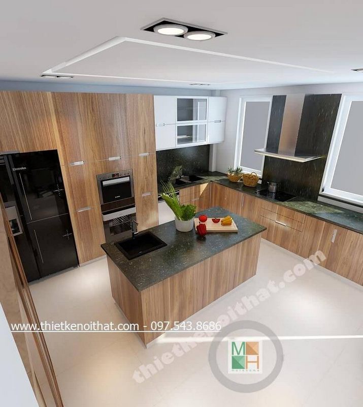 Mẫu tủ bếp gỗ công nghiệp với tone màu nâu sáng hiện đại mang lại không gian thoải mái, sạch sẽ cho người nội trợ