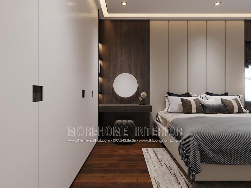 Thiết kế nội thất phòng ngủ đẹp với gỗ ốp tường vân óc chó sang trọng.