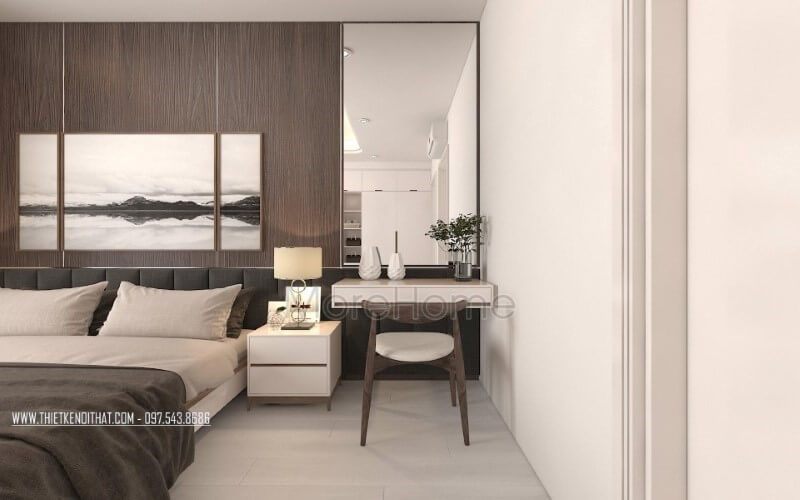 Bàn trang điểm kết hợp gương trang trí ốp tường hình chữ nhật tạo không gian phòng ngủ đơn giản nhưng hiện đại, đẹp, sang trọng.