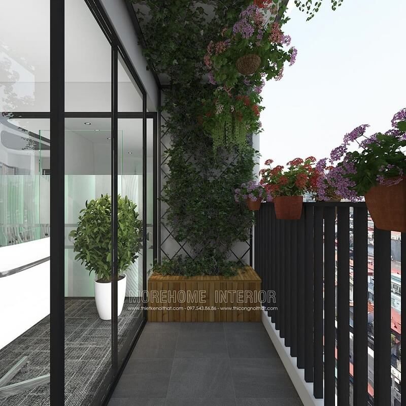 Mẫu thiết kế ban công văn phòng đẹp với giàn treo cây cảnh nhỏ nhắn, xinh xắn