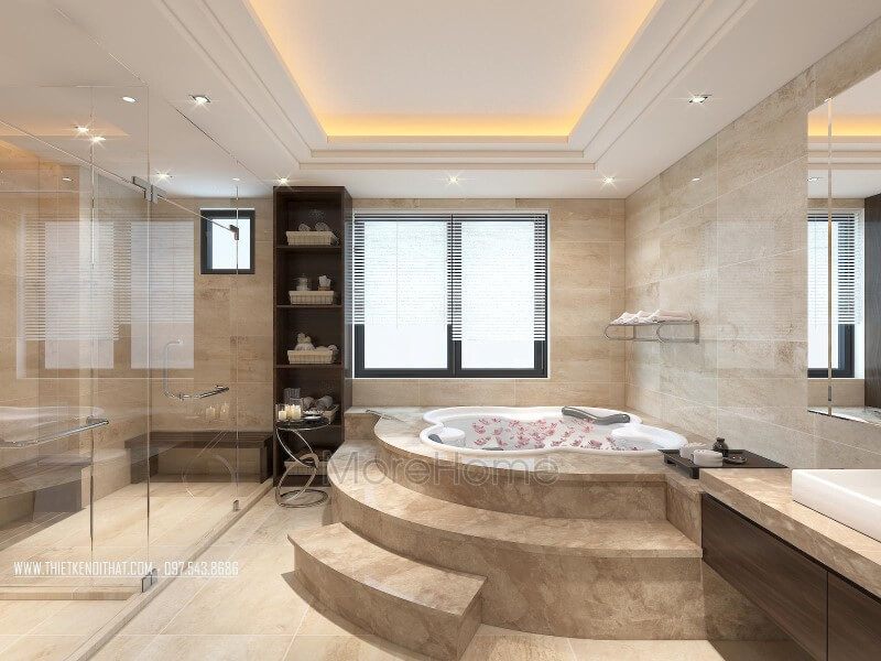 Kệ gỗ công nghiệp dùng để trưng cất các vật dụng phòng tắm dạng đứng đơn giản hiện đại