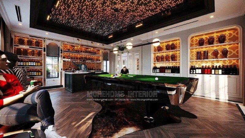 Bàn bi-a, quầy bar, hầm rượu, trần xuyên sáng đã tạo nên nét đẹp sang trọng, đẳng cấp trong trang trí nội thất phòng giải trí tại biệt thự.